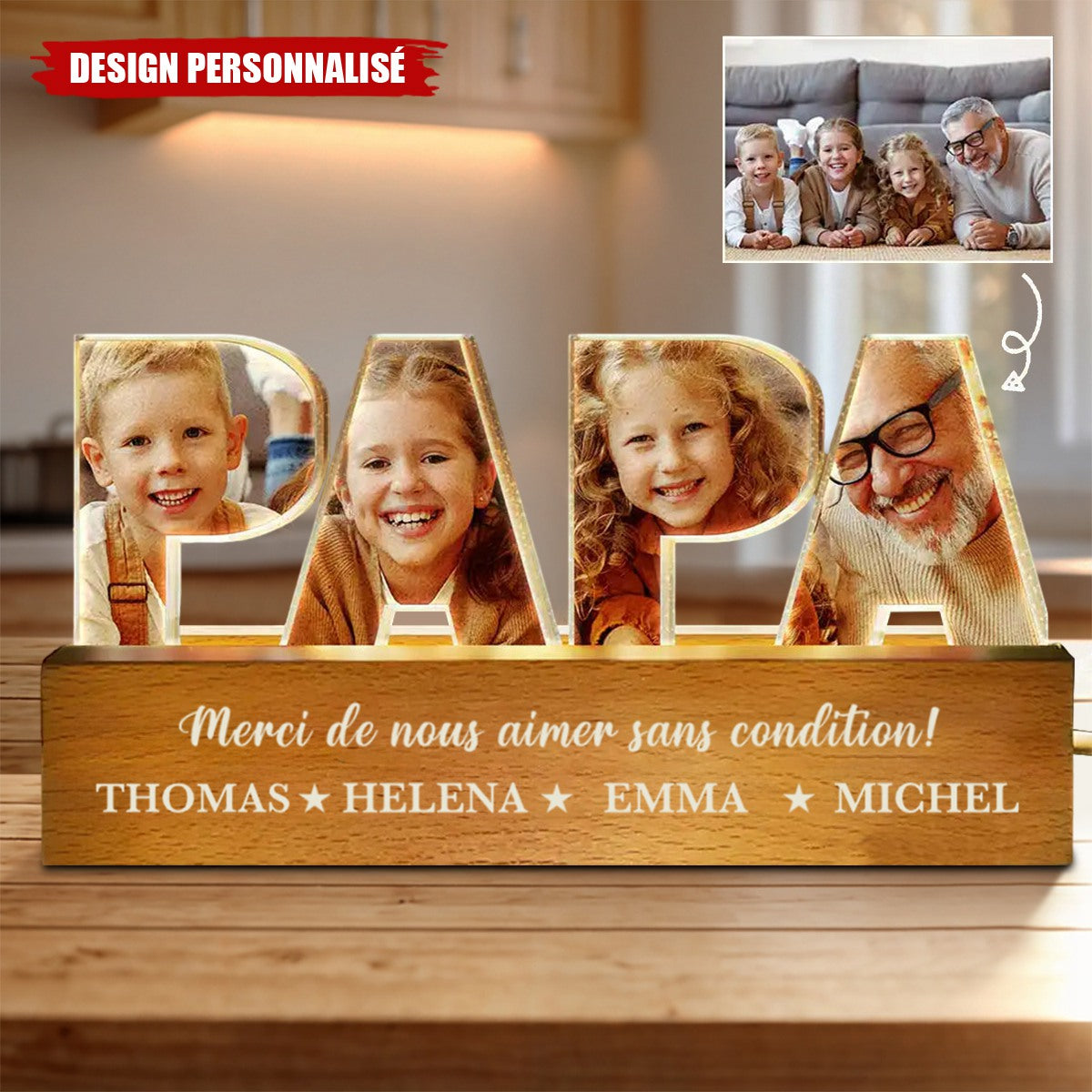 Lampe Photo Personnalisée "PAPA" avec Prénoms – Cadeau Émotionnel pour Papa
