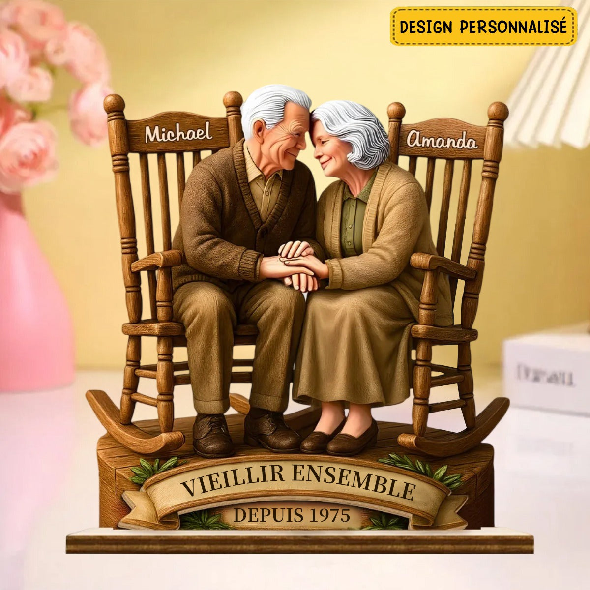 Plaque en bois personnalisée “Vieillir Ensemble” – Cadeau Romantique pour Couple