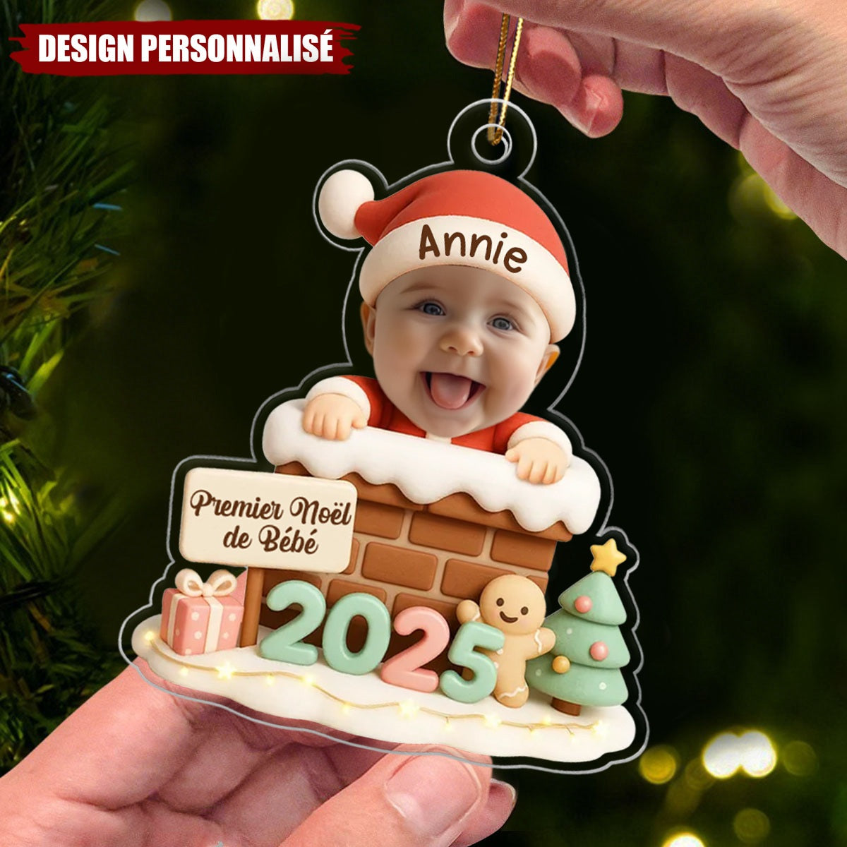 Ornement Acrylique Personnalisé Bébé Noël avec Cheminée – Cadeau de Noël pour Enfants