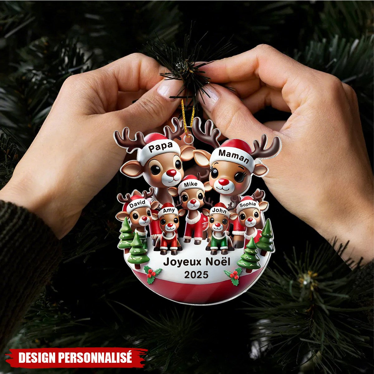 Décoration de Noël Personnalisée en Acrylique – Famille de Rennes avec Prénoms et Message de Noël