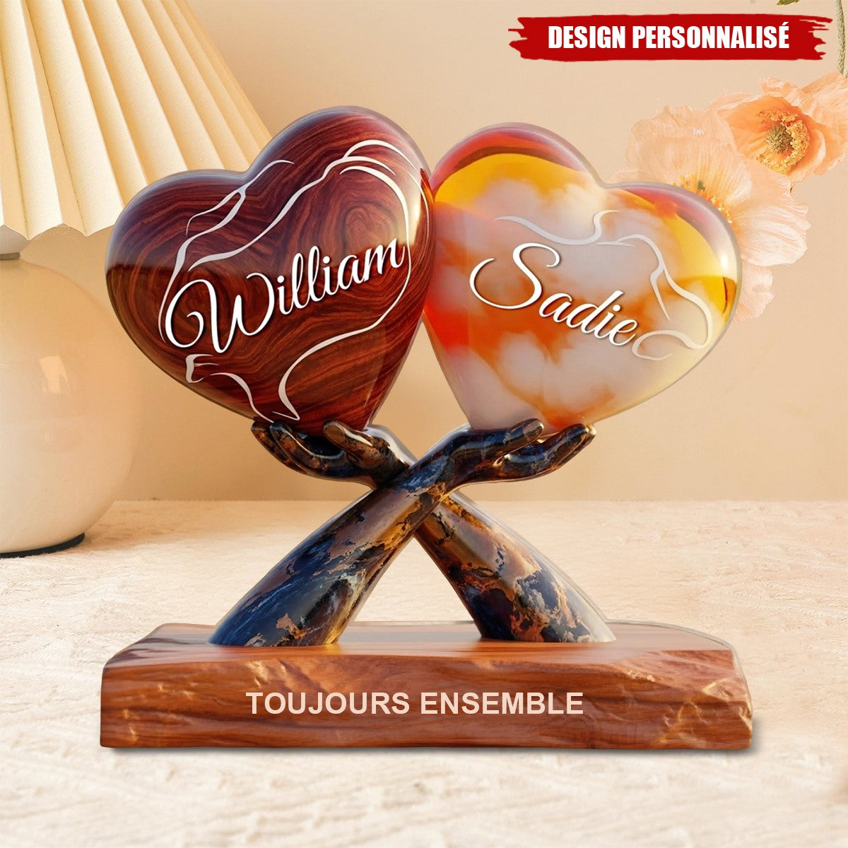 Plaque Acrylique Personnalisée – Deux Cœurs Tenus par des Mains, Cadeau Romantique pour Couple