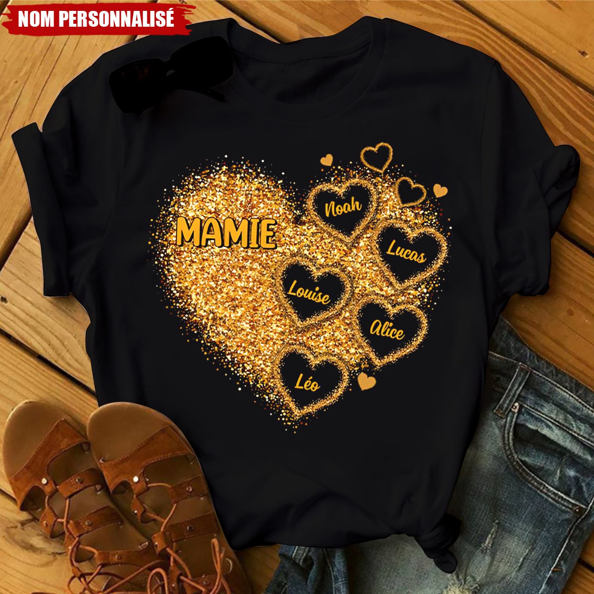 T-shirt Personnalisé Mamie – Cœur Scintillant avec Prénoms des Petits-Enfants