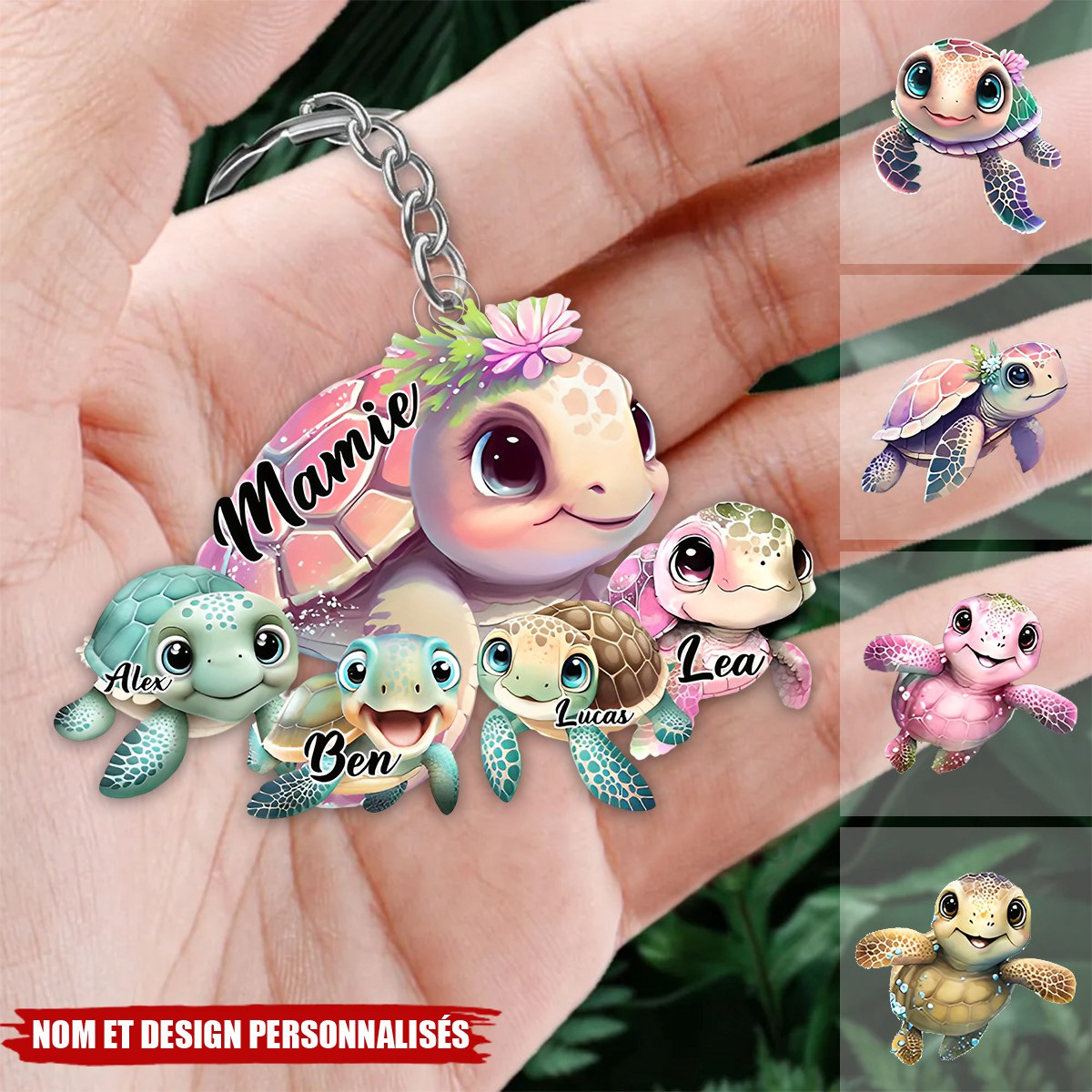 Porte-Clés Tortue Personnalisé – “Mamie & Ses Petites Tortues” avec Prénoms