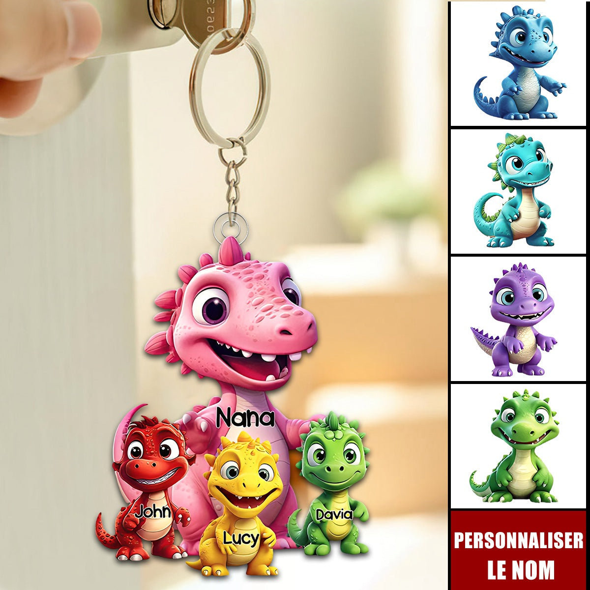 Porte-clés Dinosaures Personnalisé – Cadeau Original pour Mamie ou Maman avec Prénoms des Petits-Enfants