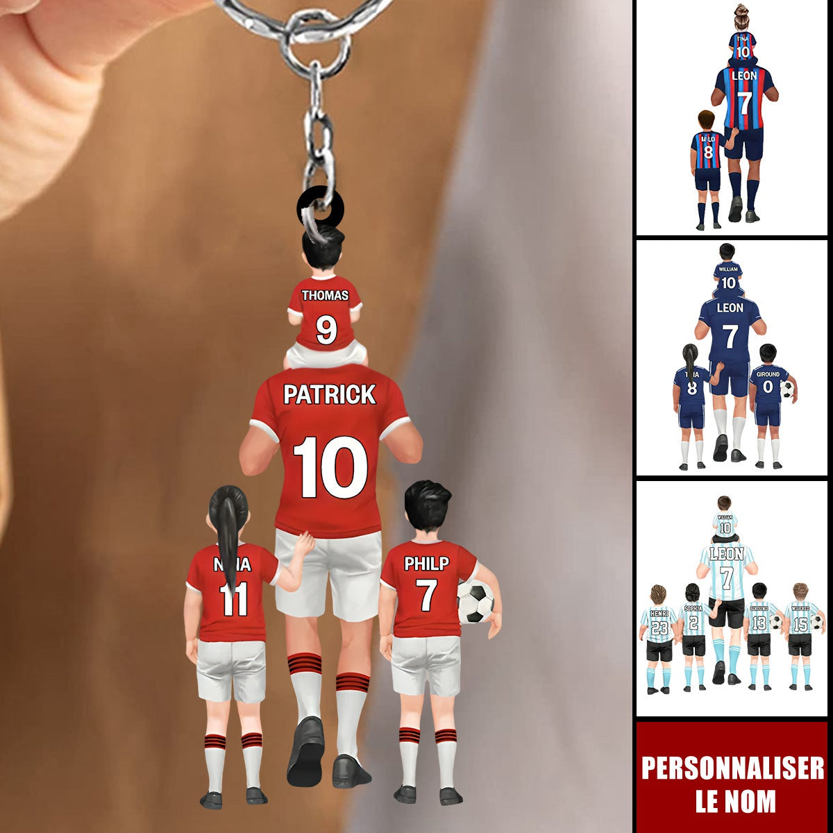 Porte-clés Équipe de Football Personnalisé – Papa et Enfants avec Prénoms et Numéros