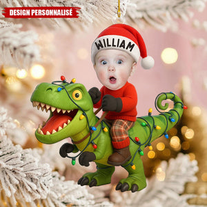 Ornement Photo Personnalisée Bébé sur Dinosaure – Décoration de Noël Unique