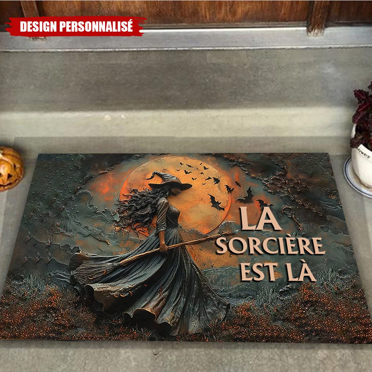 Tapis d’Entrée Halloween Personnalisé – La Sorcière Est Là