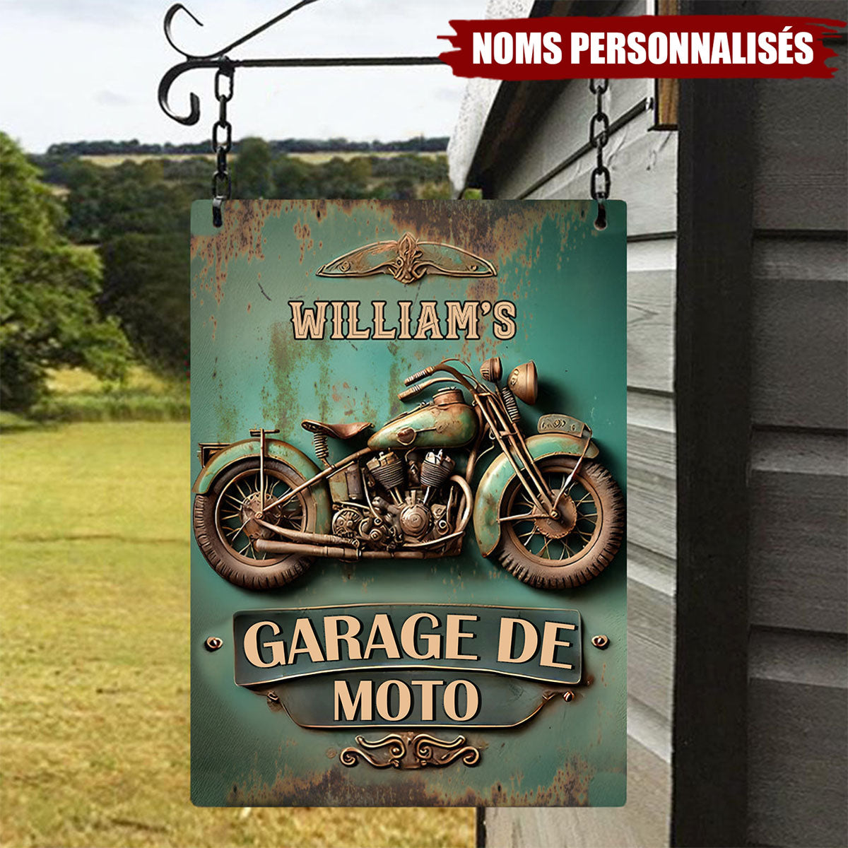 Plaque Garage Moto Personnalisée – Style Vintage avec Nom et Moto Rétro