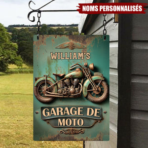 Plaque Garage Moto Personnalisée – Style Vintage avec Nom et Moto Rétro