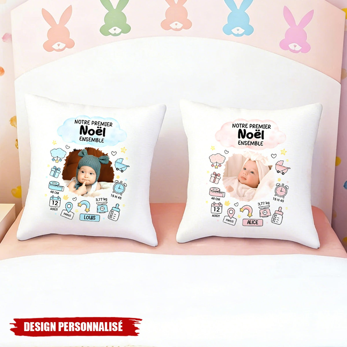 Coussin Bébé Personnalisé – Souvenir de Naissance & Premier Noël