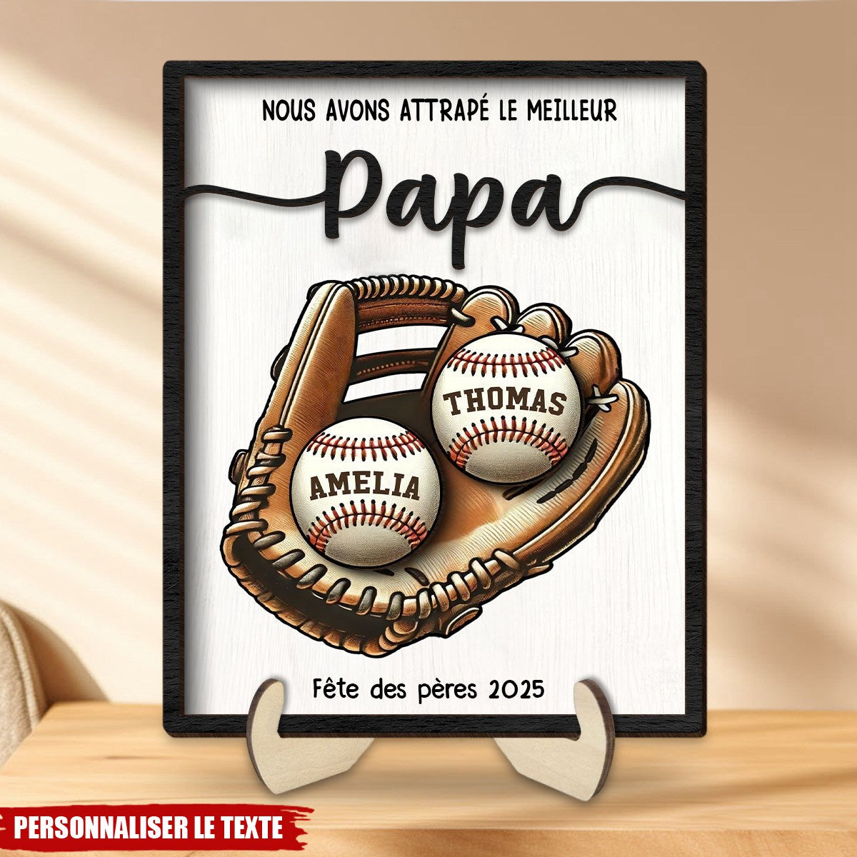 Tableau personnalisé Fête des Pères – "Nous avons attrapé le meilleur Papa" avec prénoms sur balles de baseball