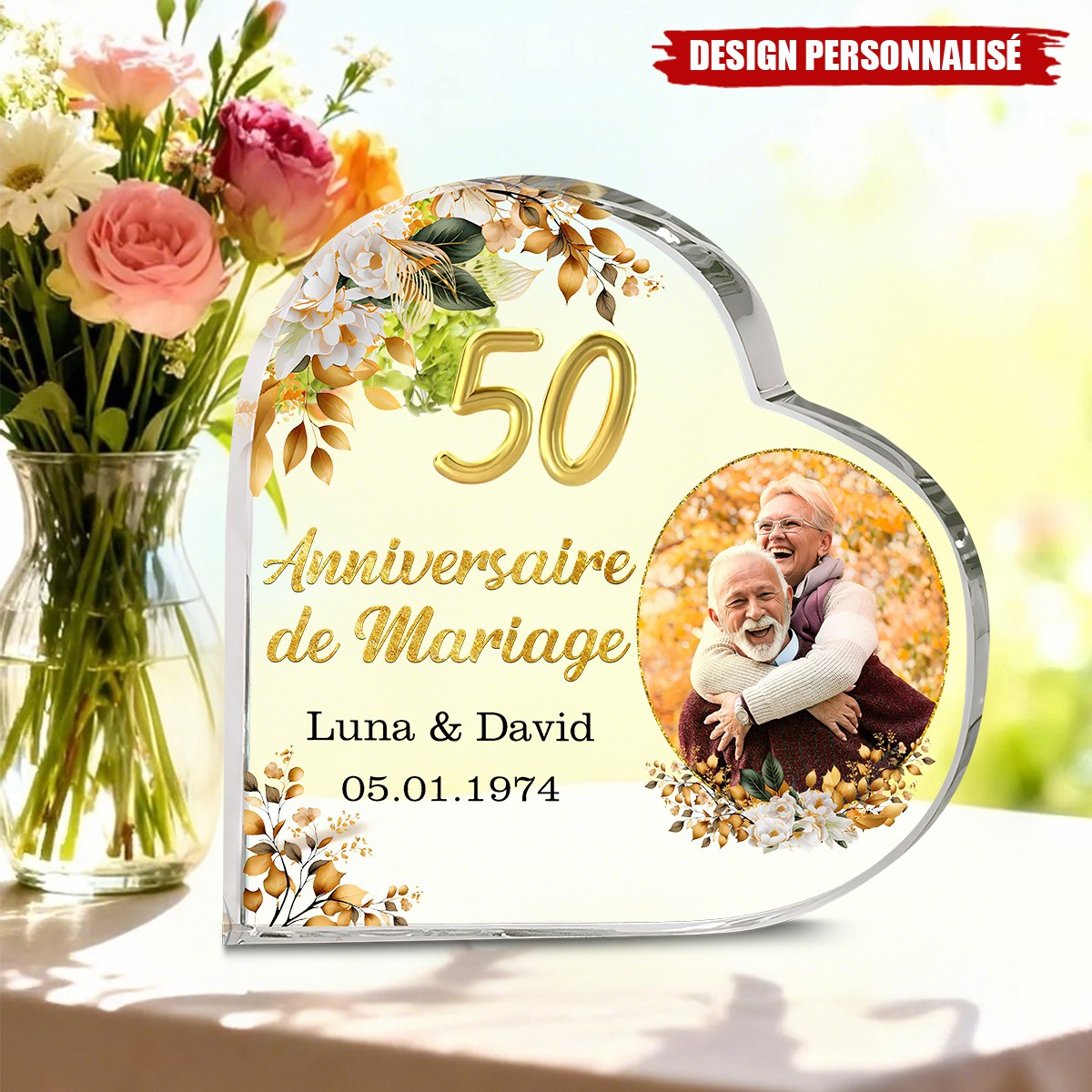 Plaque Photo Cœur Personnalisée — Cadeau d’Anniversaire de Mariage Pour le Couple