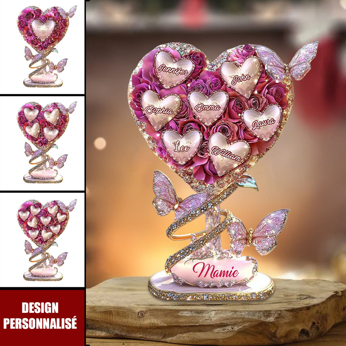 Plaque Cœur Rose Personnalisée avec Prénoms – Cadeau Émotionnel pour Mamie, Maman