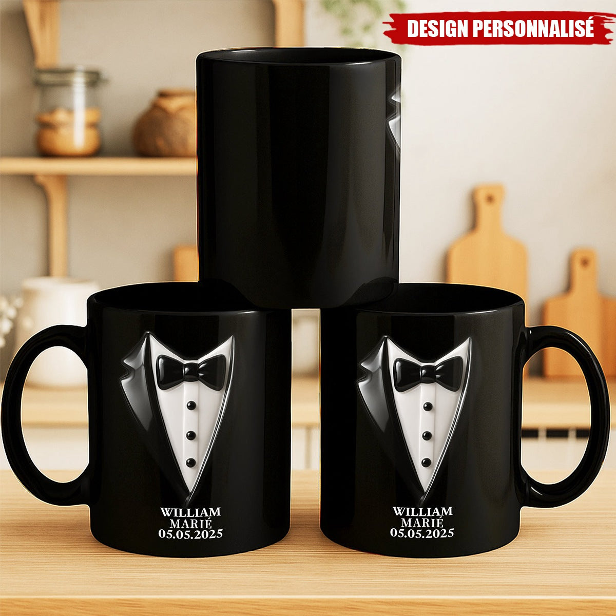 Mug de Mariage Personnalisé – Robe de Mariée et Costume Élégant avec Noms et Date