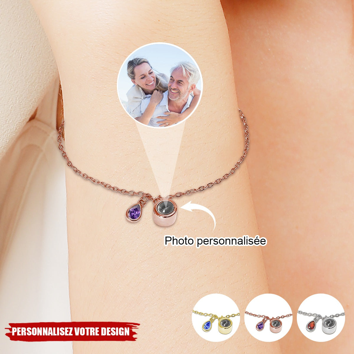 Bracelet Photo Personnalisé avec Pierre de Naissance – Cadeau Sentimental pour Couple