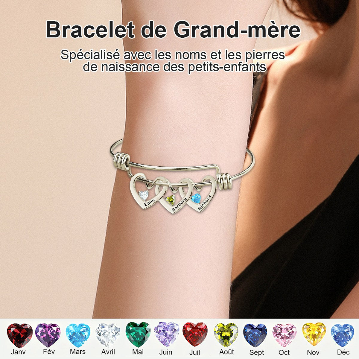 Bracelet personnalisé pour Grand-mère avec pierres de naissance – Prénoms des petits-enfants gravés