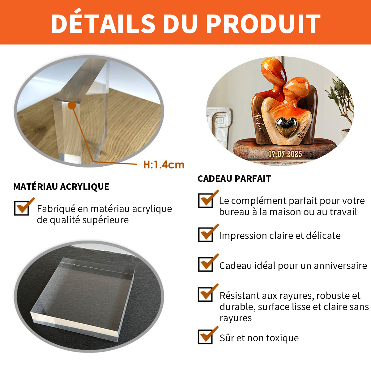 Plaque Acrylique Couple Personnalisée avec Prénoms et Date – Cadeau d’Amour Inoubliable