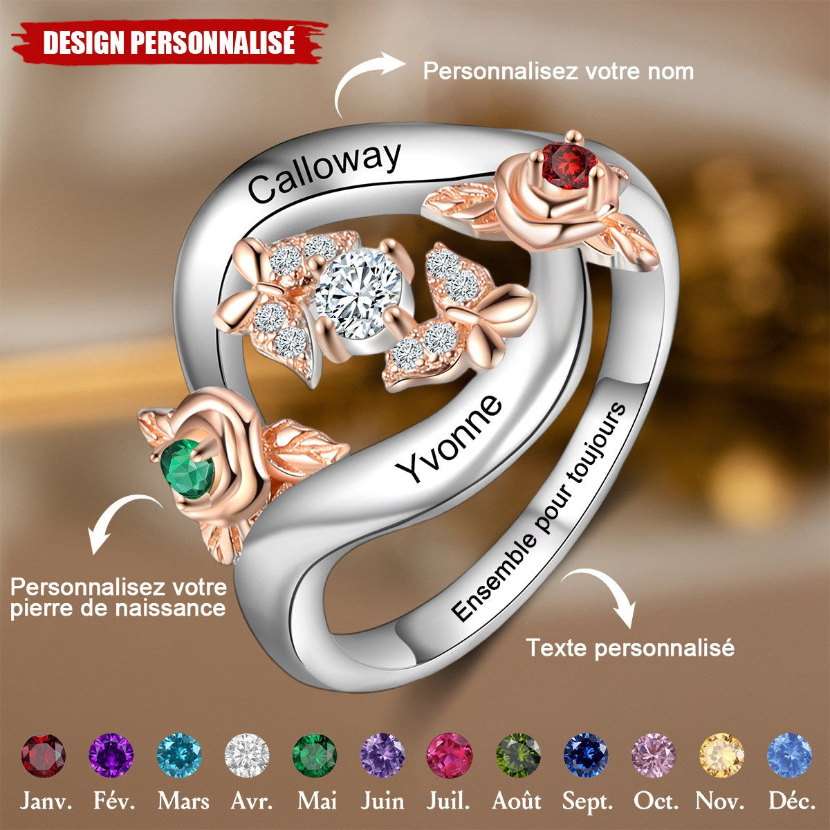 Bague Personnalisée en Forme de Rose – Cadeau Unique pour Elle