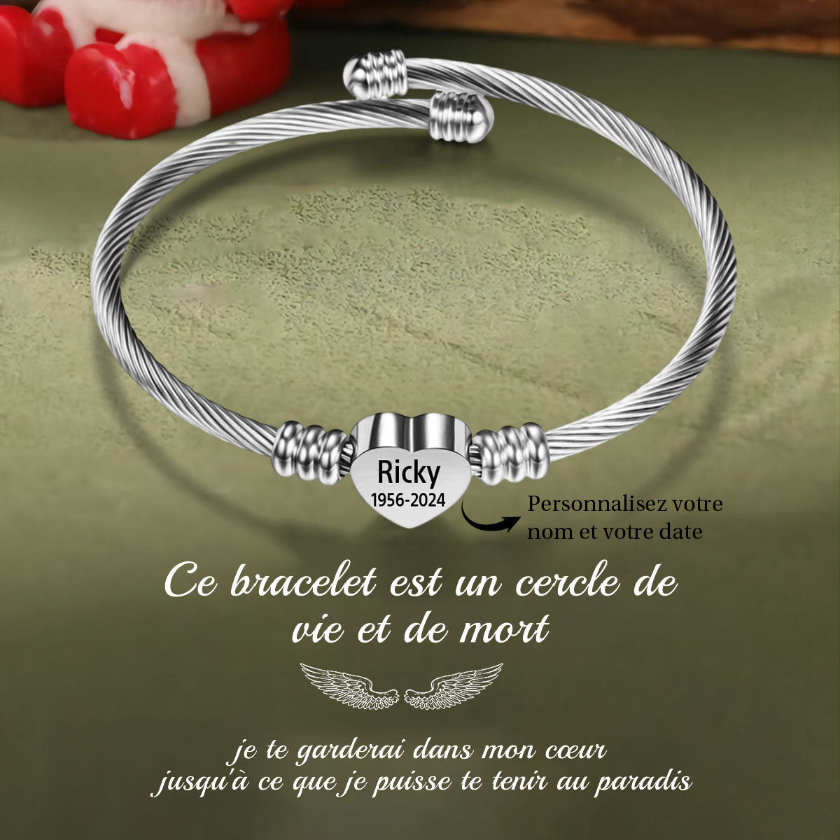 Bracelet commémoratif personnalisé avec nom et date gravés pour femme