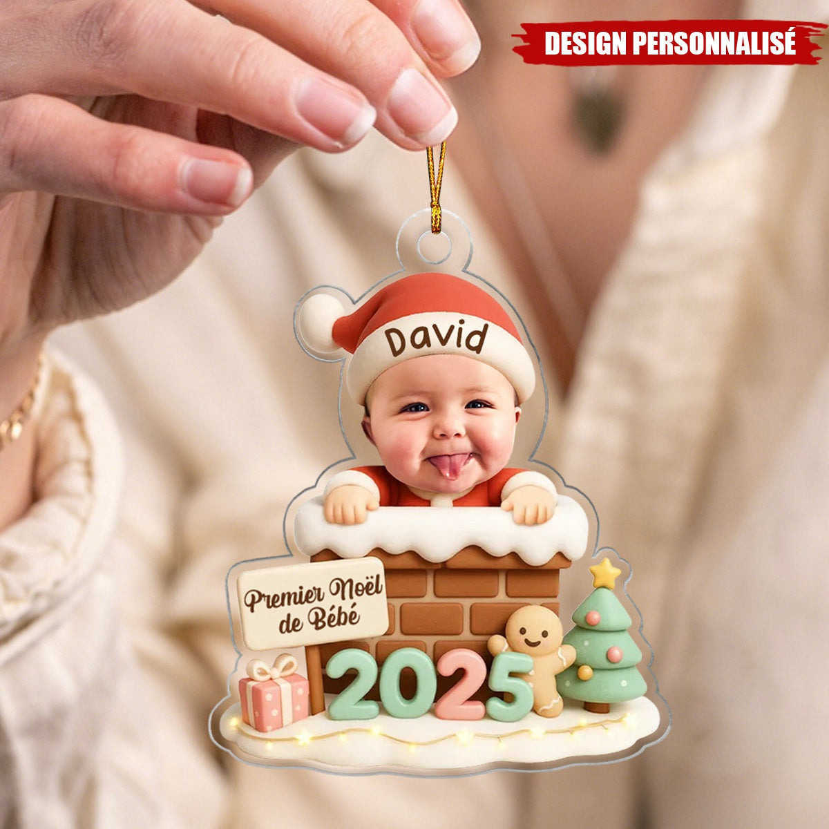 Ornement Acrylique Personnalisé Bébé Noël avec Cheminée – Cadeau de Noël pour Enfants