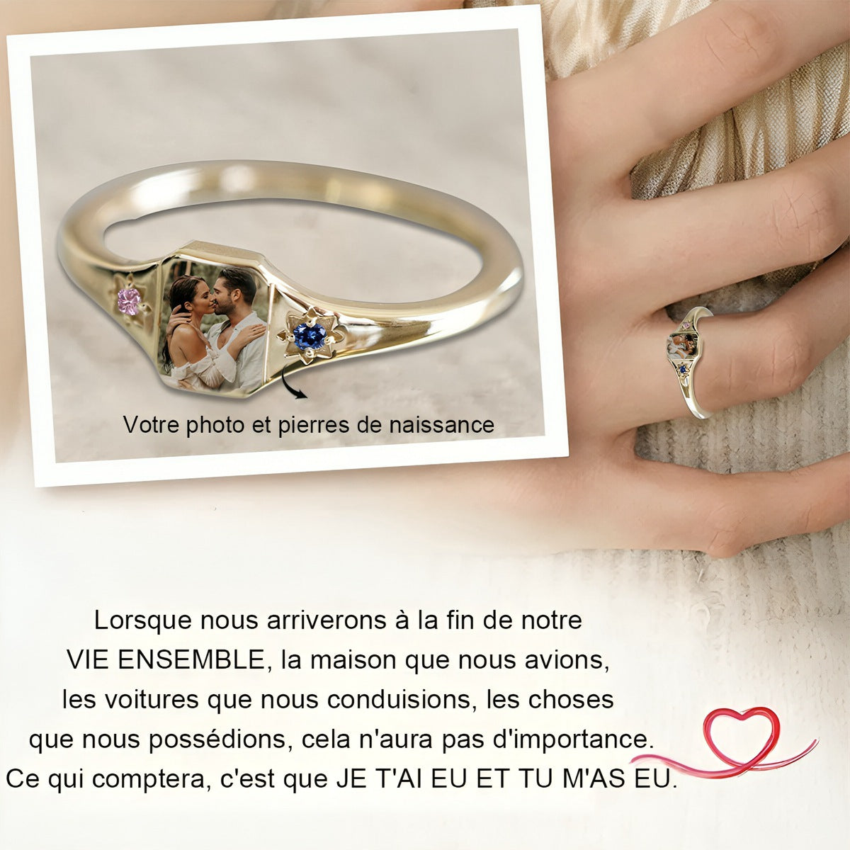 Bague personnalisée avec pierres de naissance et votre photo – Un symbole d'amour éternel