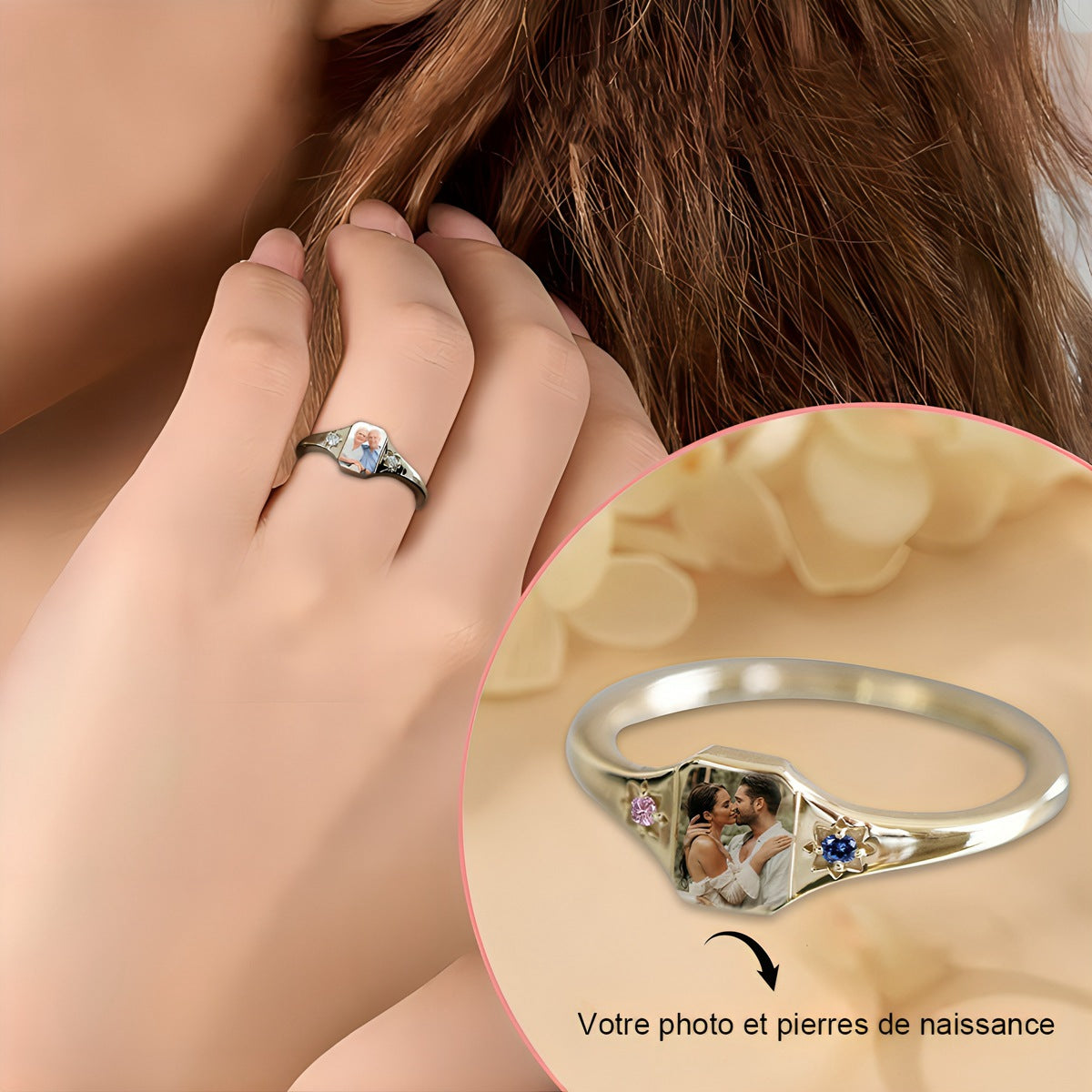Bague personnalisée avec pierres de naissance et votre photo – Un symbole d'amour éternel