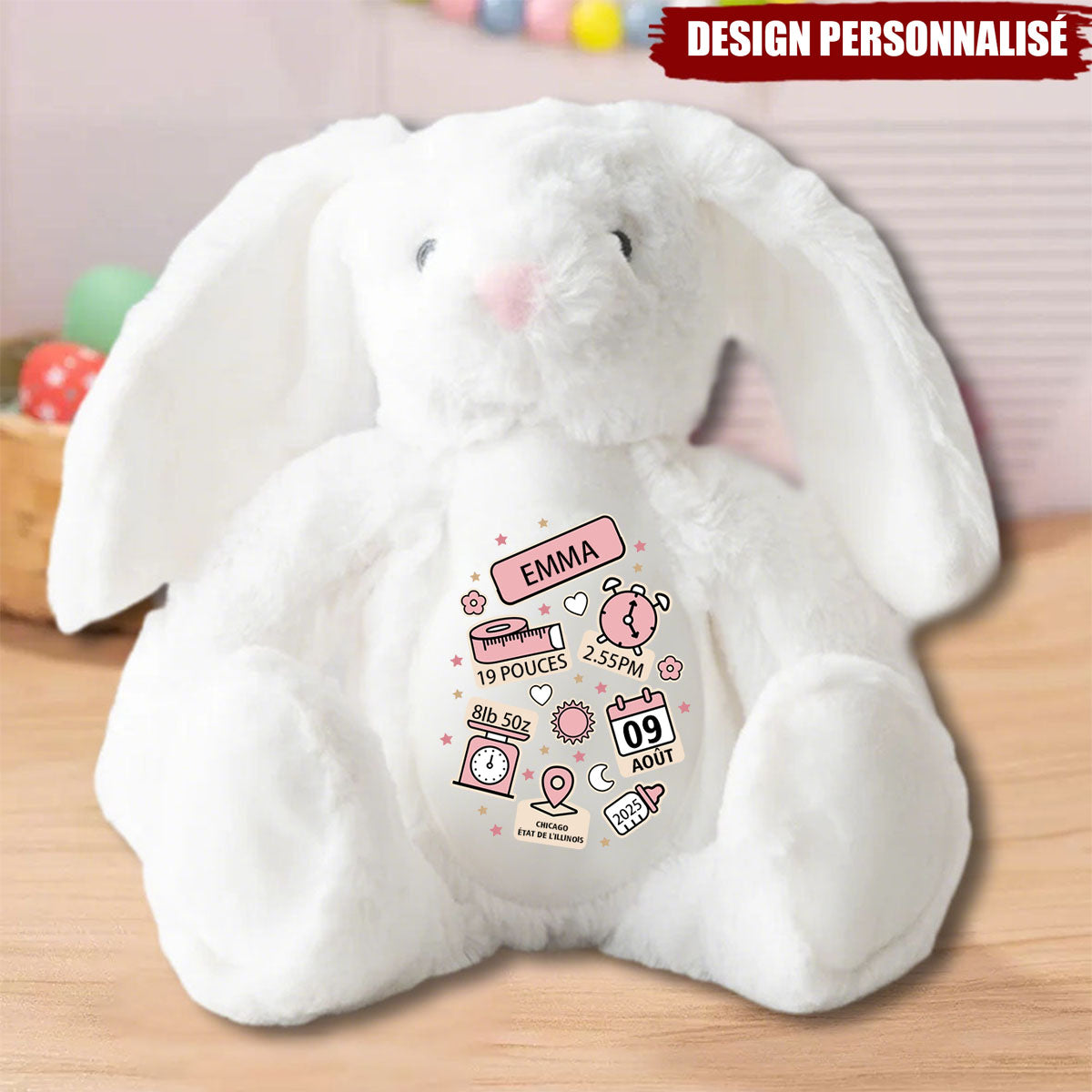 Peluche lapin personnalisée – Souvenir de naissance unique