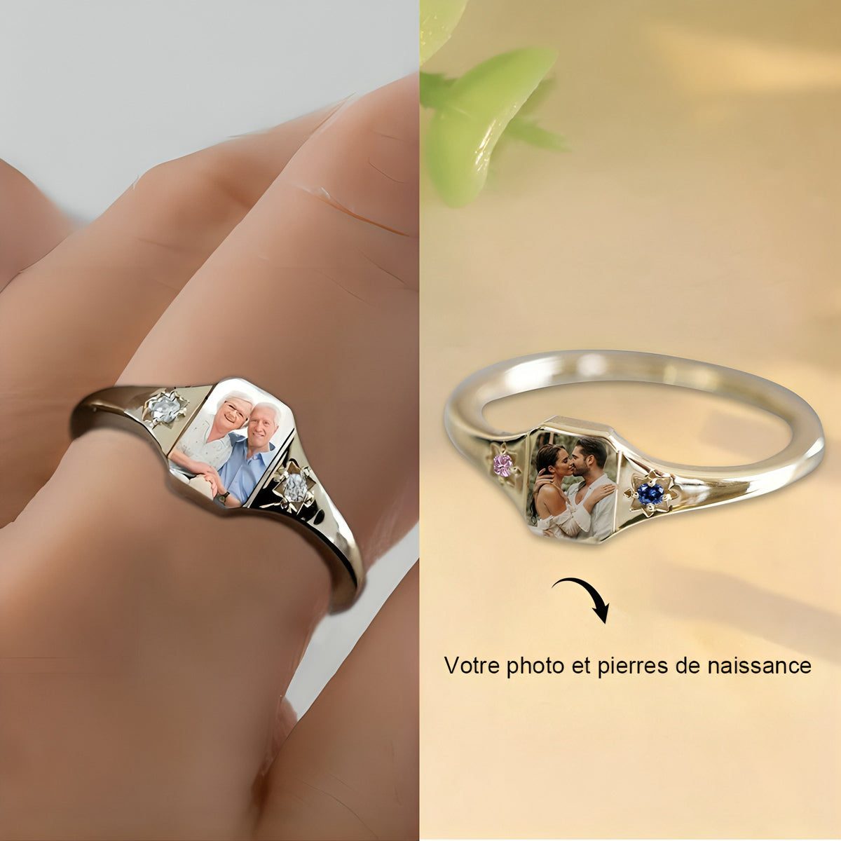 Bague personnalisée avec pierres de naissance et votre photo – Un symbole d'amour éternel