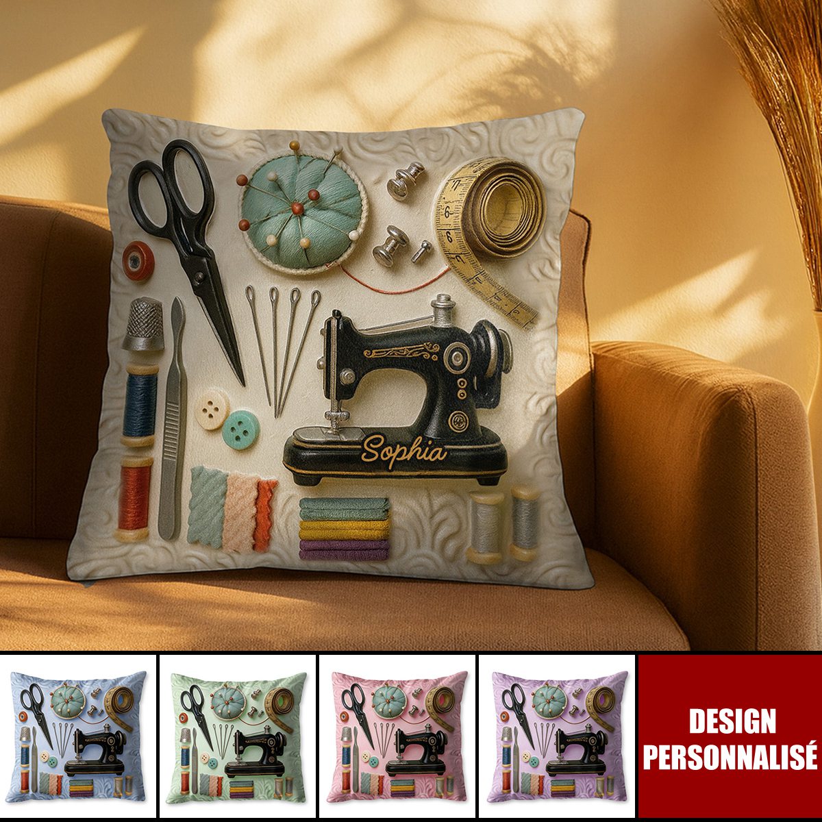 Coussin Personnalisé à Motif de Machine à Coudre et Outils — Cadeau Pour Les Passionnés de Bricolage