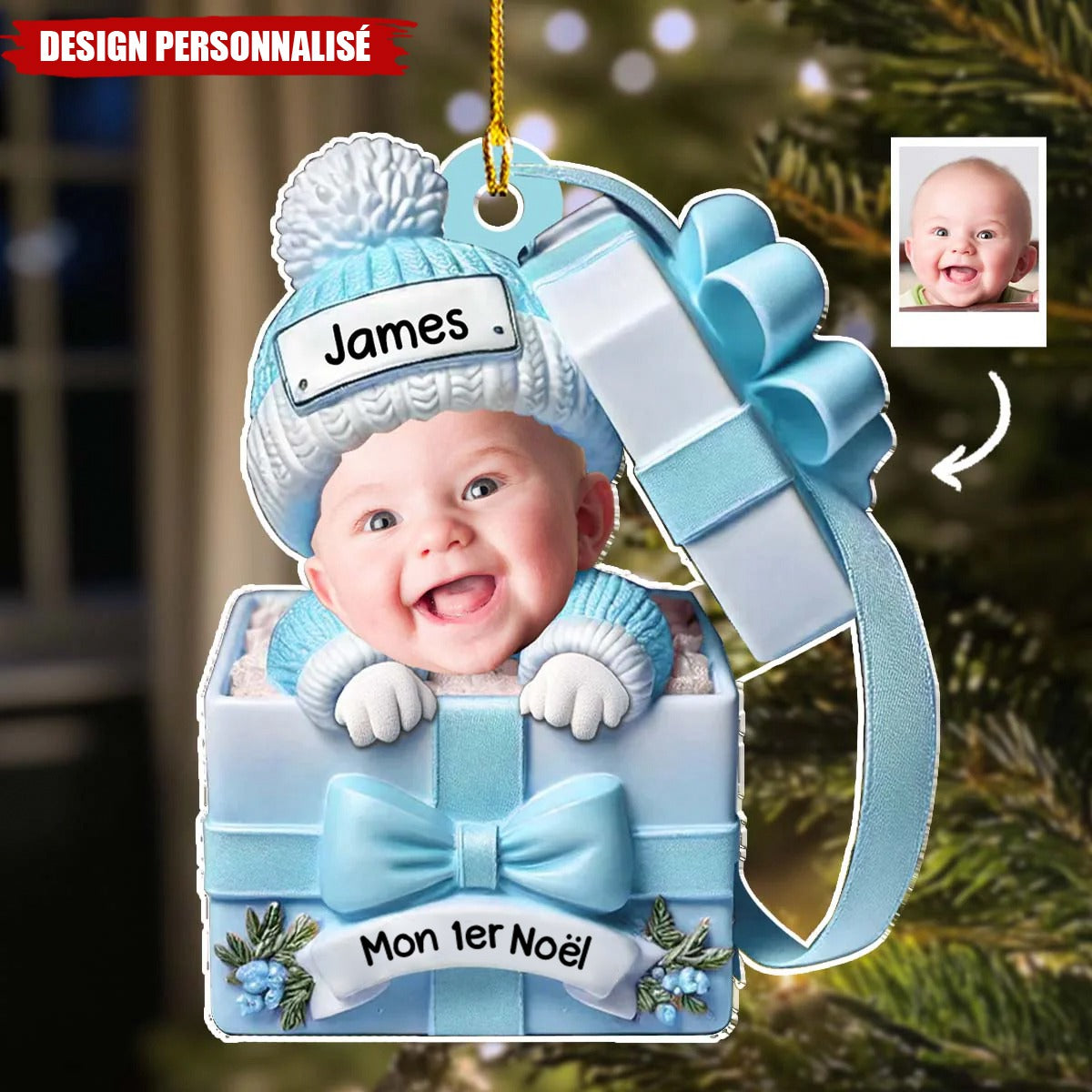 Ornement Acrylique Personnalisé – Mon Premier Noël Bébé dans un Cadeau avec Prénom
