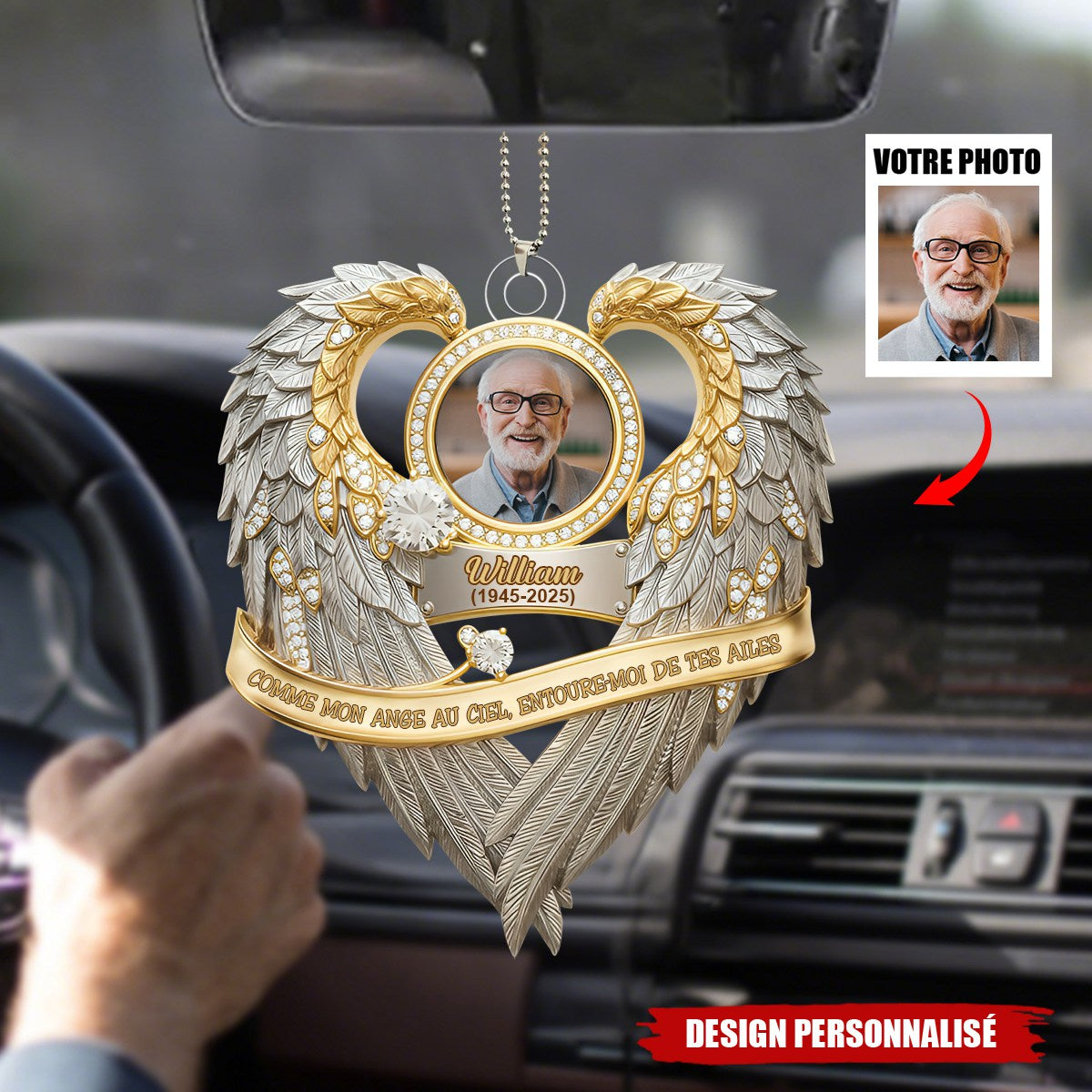 Ornement de Voiture Ange au Ciel - Cadeau Commémoratif avec Photo Personnalisée
