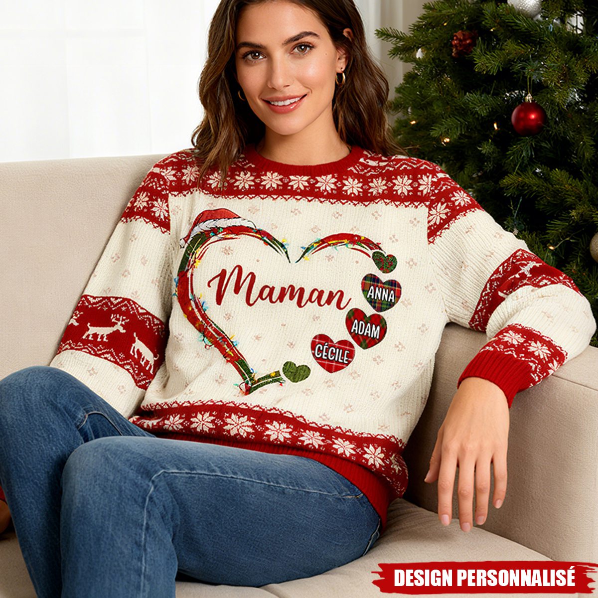 Pull de Noël Personnalisé – Design en Cœur avec Prénoms