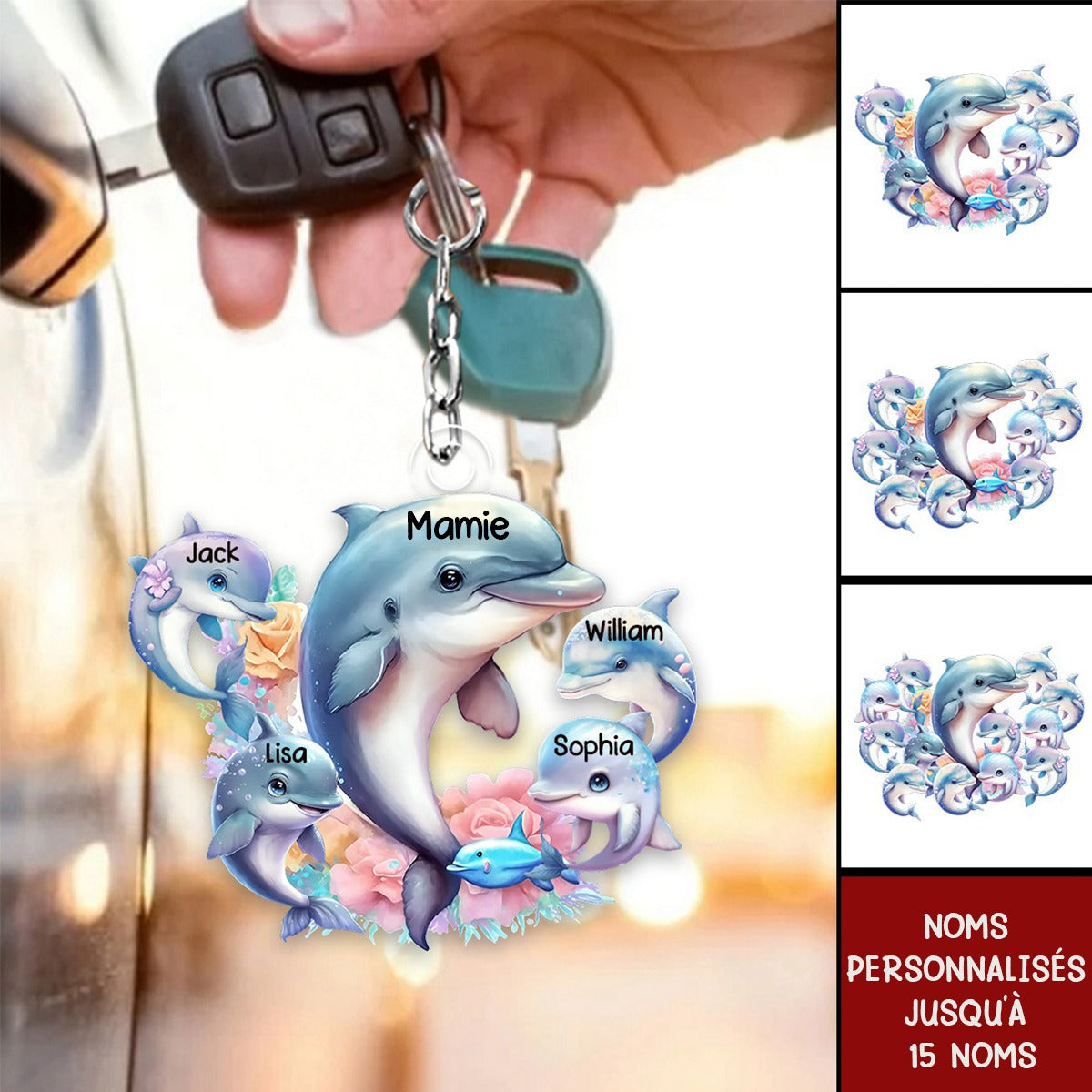 Porte-clés Personnalisé Famille Dauphin – Cadeau Adorable pour Mamie avec Prénoms des Petits-Enfants