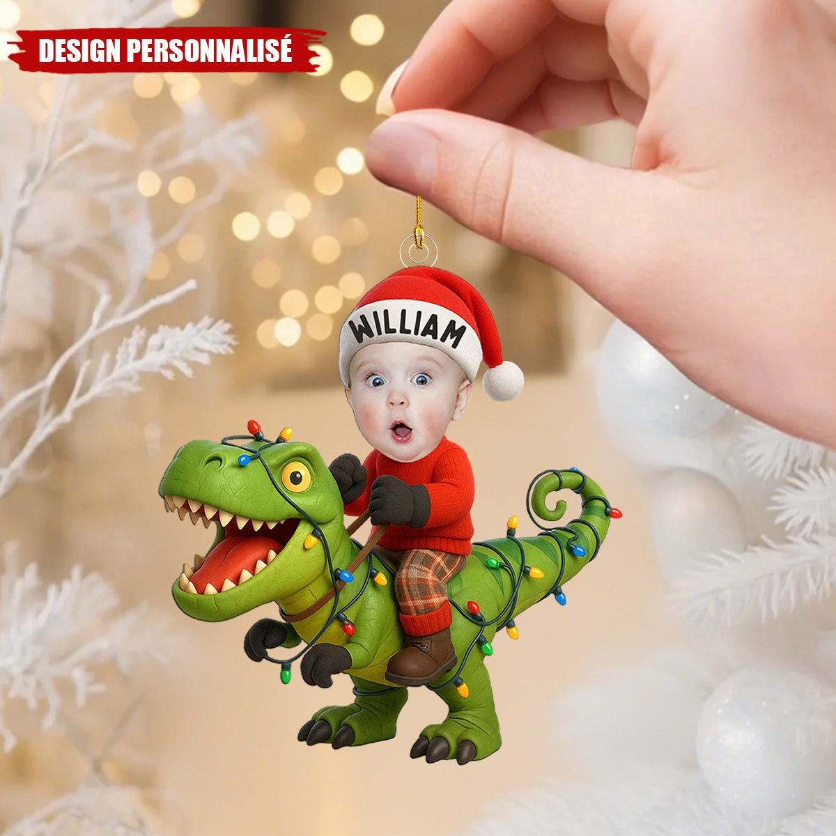 Ornement Photo Personnalisée Bébé sur Dinosaure – Décoration de Noël Unique