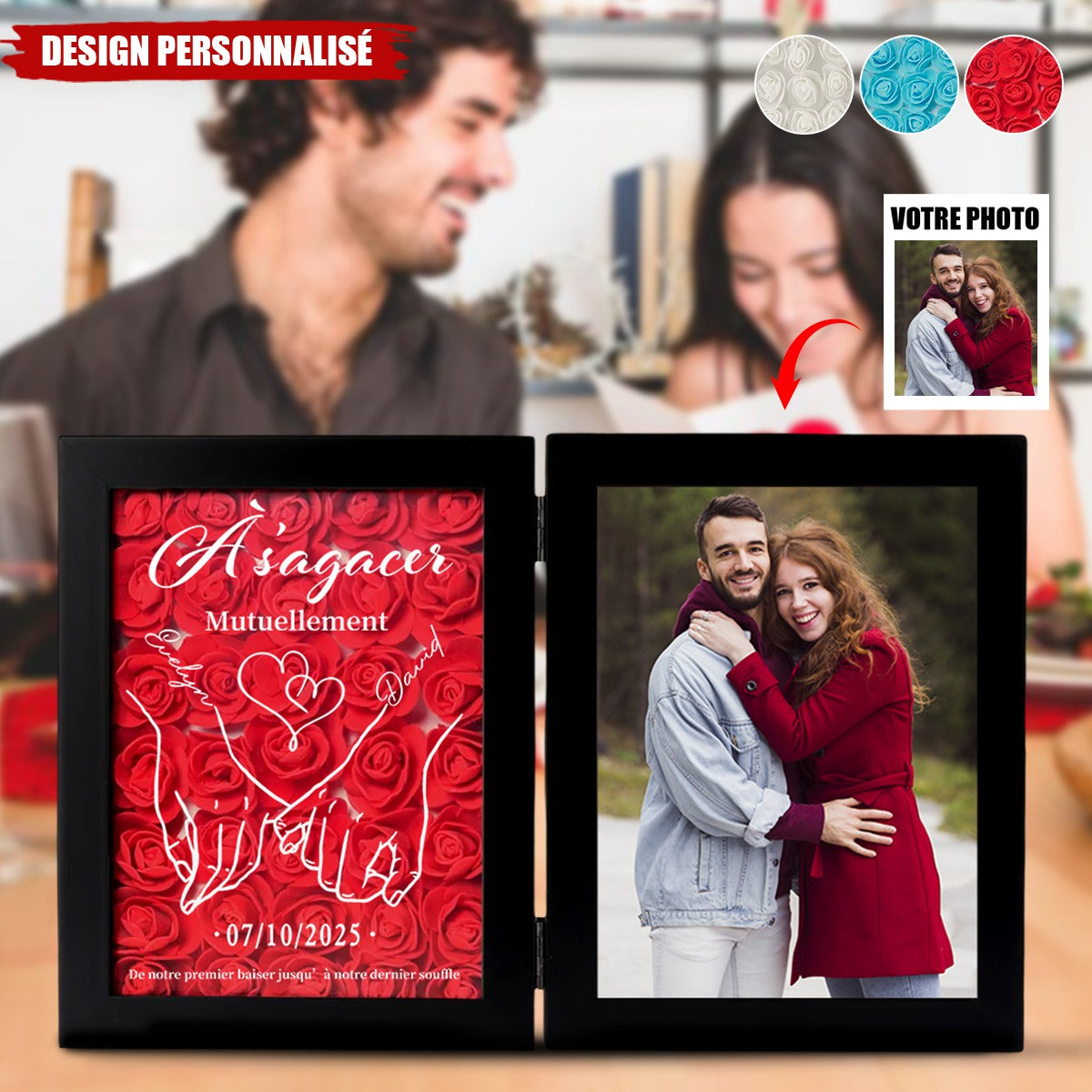 Cadre Double Personnalisé avec Fleurs pour Couple- Cadeau Romantique Unique