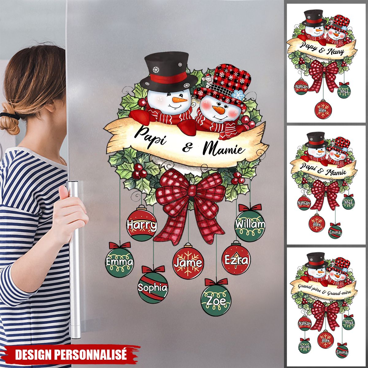 Autocollant Personnalisé de Noël  – Famille Bonhommes de Neige avec Prénoms
