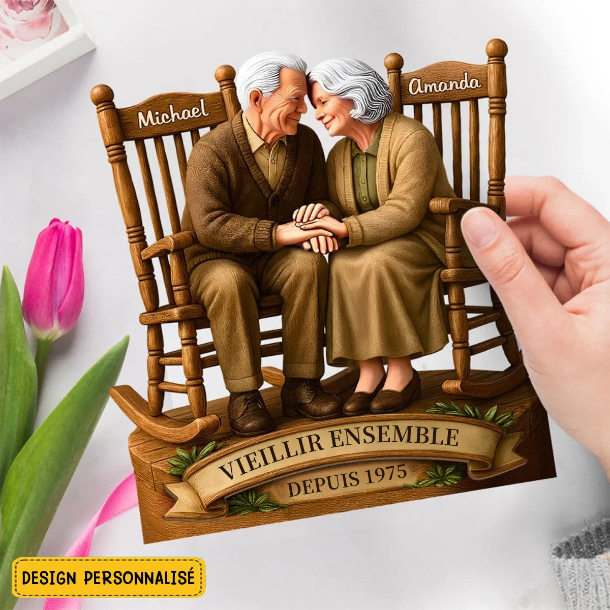 Plaque en bois personnalisée “Vieillir Ensemble” – Cadeau Romantique pour Couple