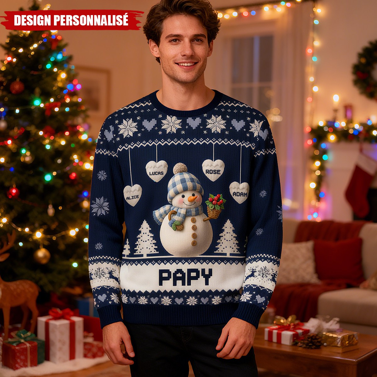 Pull de Noël Personnalisé Bonhomme de Neige – Cadeau Unique pour Papy et Mamie