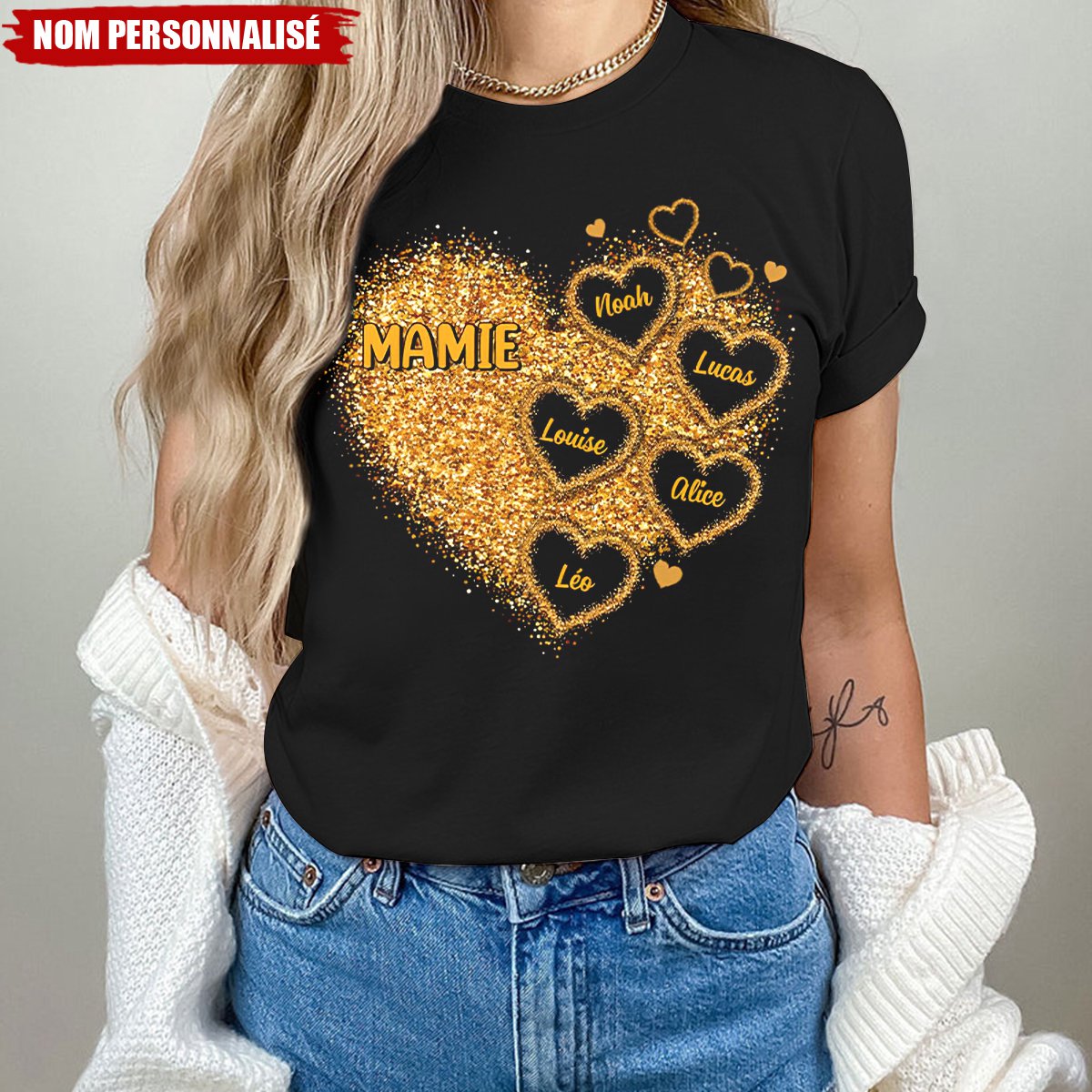 T-shirt Personnalisé Mamie – Cœur Scintillant avec Prénoms des Petits-Enfants