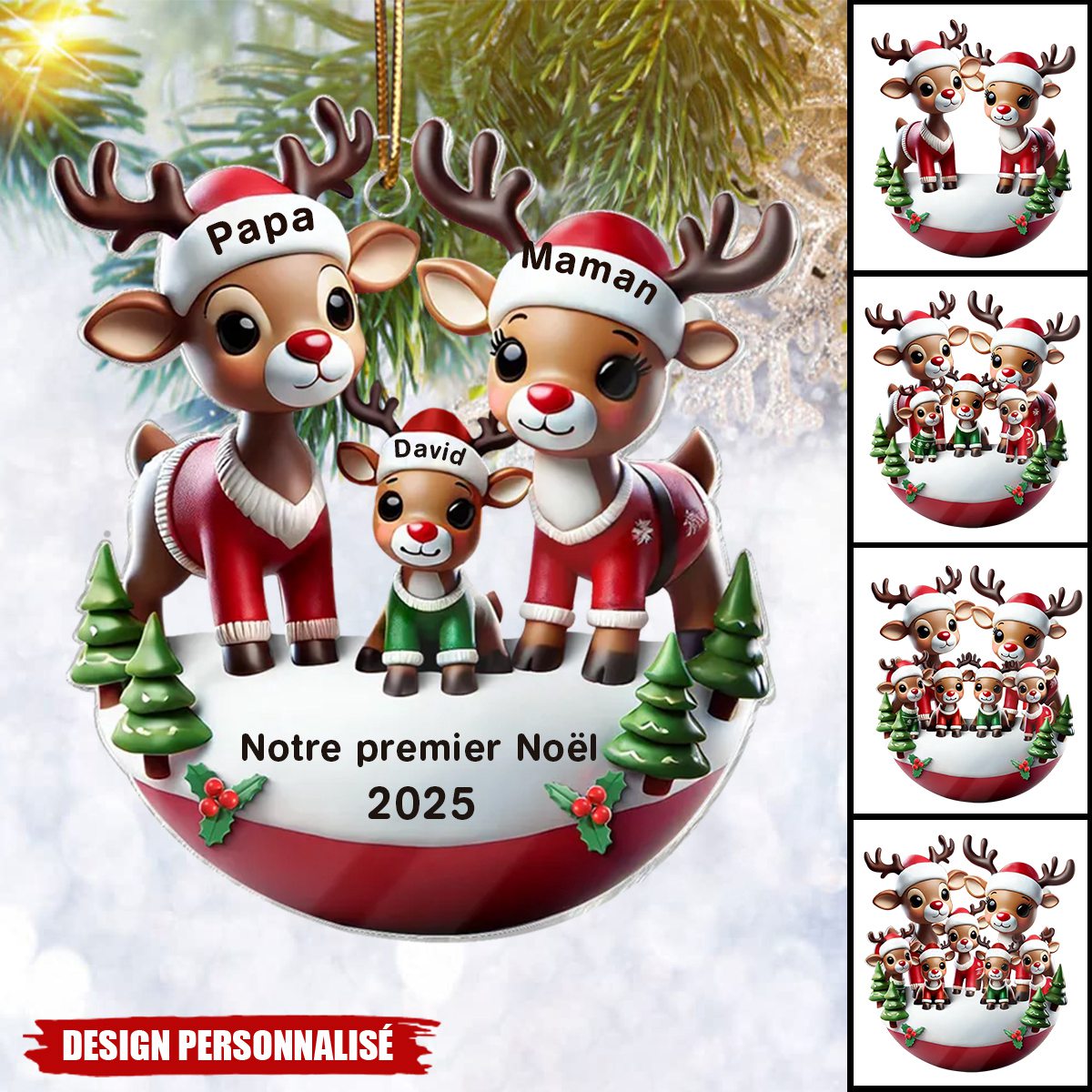 Décoration de Noël Personnalisée en Acrylique – Famille de Rennes avec Prénoms et Message de Noël