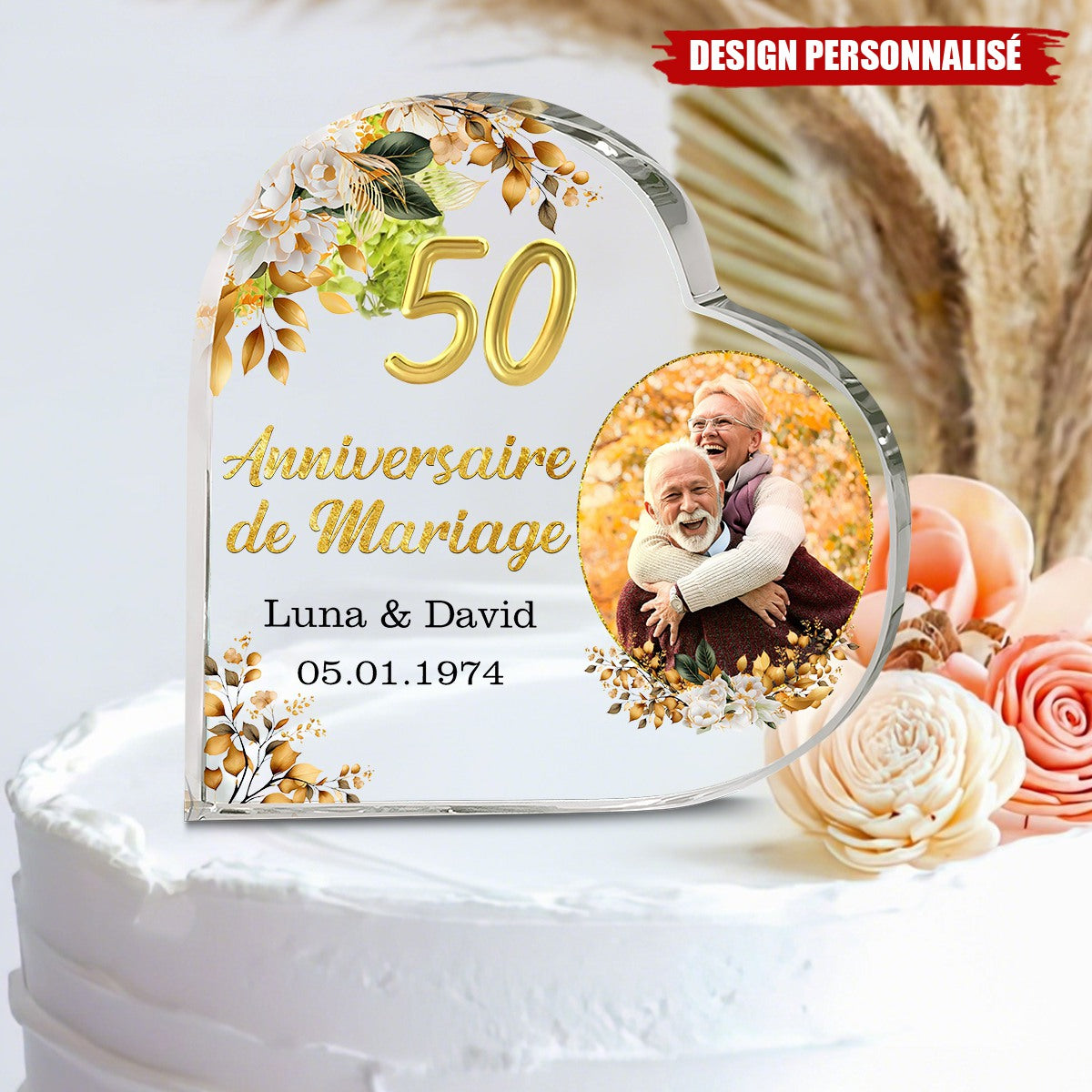 Plaque Photo Cœur Personnalisée — Cadeau d’Anniversaire de Mariage Pour le Couple