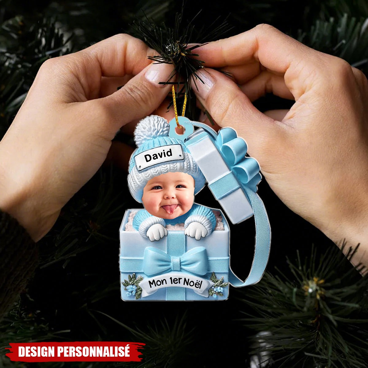 Ornement Acrylique Personnalisé – Mon Premier Noël Bébé dans un Cadeau avec Prénom