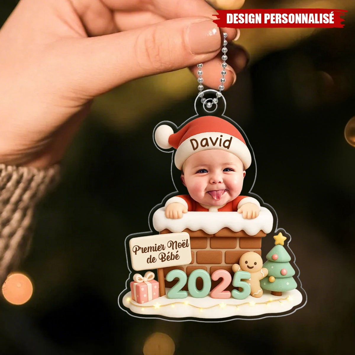 Ornement Acrylique Personnalisé Bébé Noël avec Cheminée – Cadeau de Noël pour Enfants