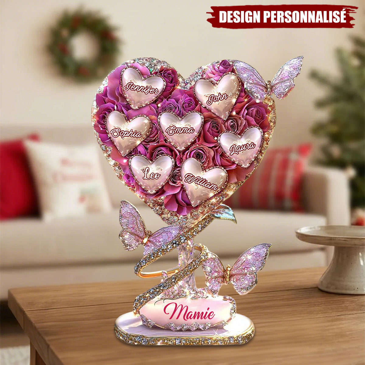Plaque Cœur Rose Personnalisée avec Prénoms – Cadeau Émotionnel pour Mamie, Maman