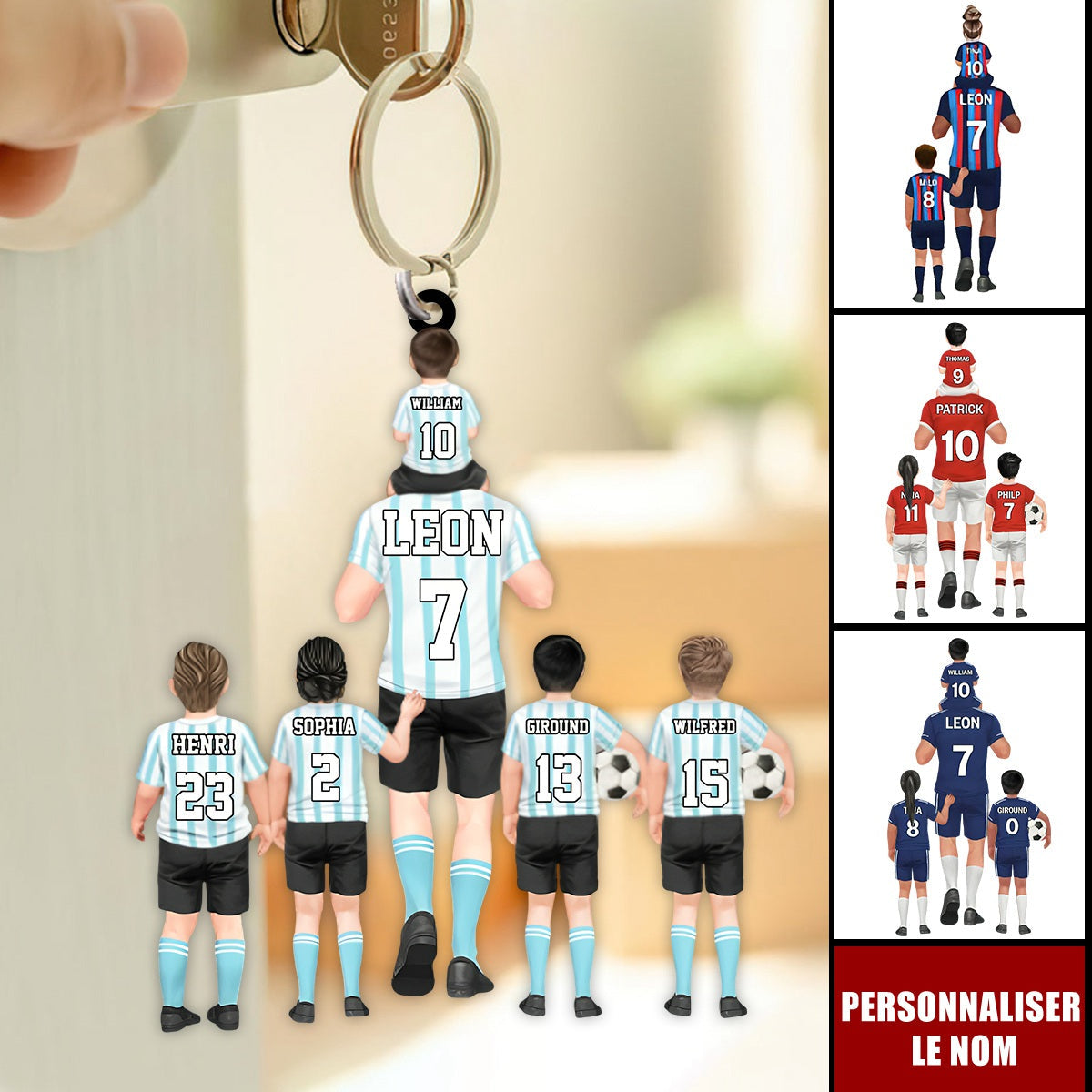 Porte-clés Équipe de Football Personnalisé – Papa et Enfants avec Prénoms et Numéros