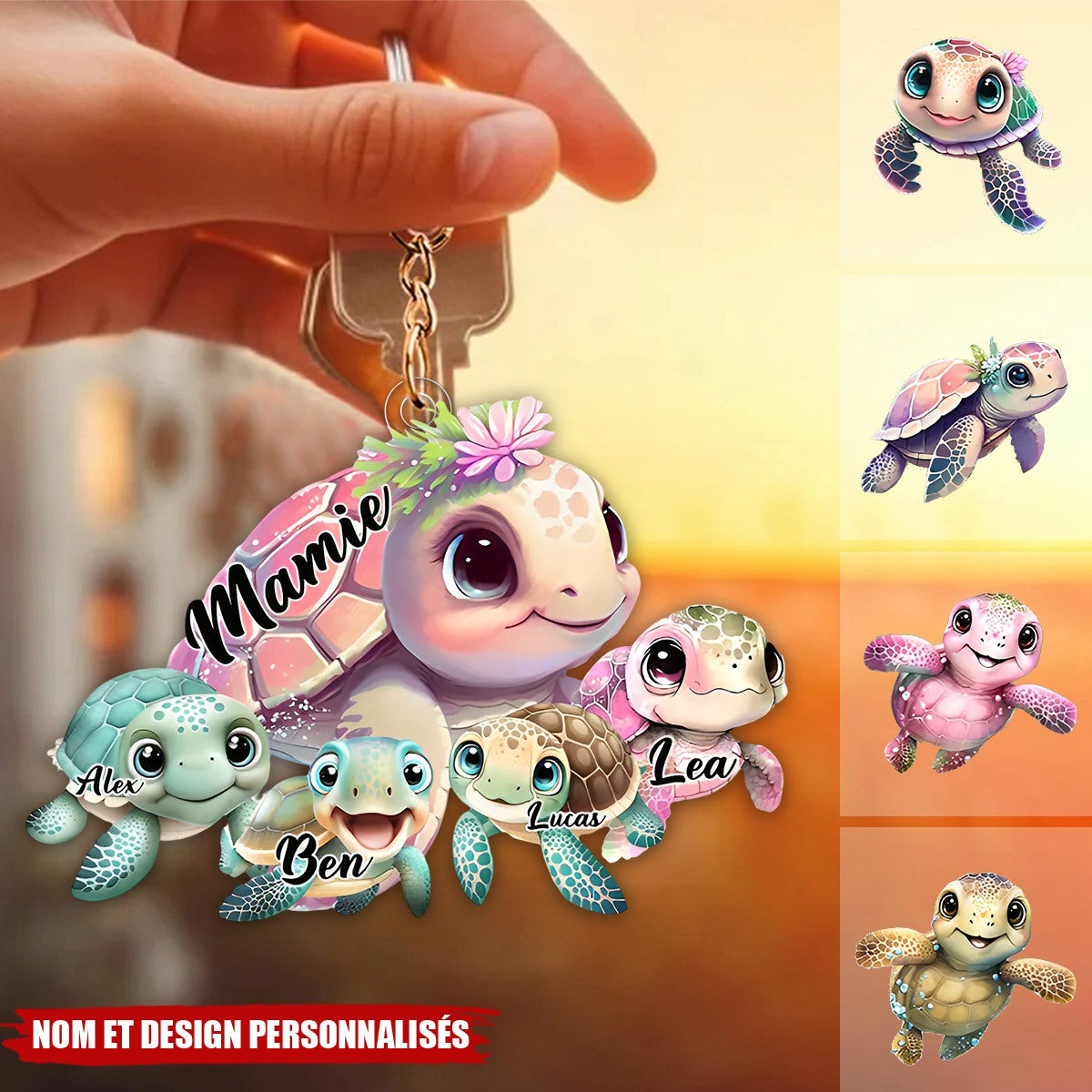 Porte-Clés Tortue Personnalisé – “Mamie & Ses Petites Tortues” avec Prénoms