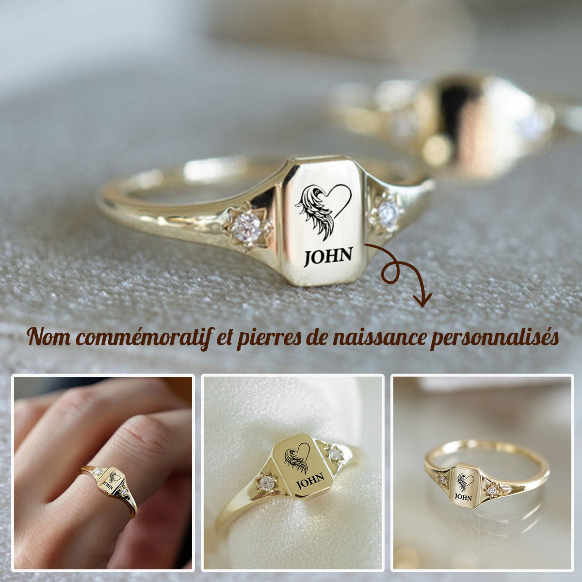 En mémoire de l’être aimé – Bague personnalisée avec nom et pierre de naissance en forme d’ailes