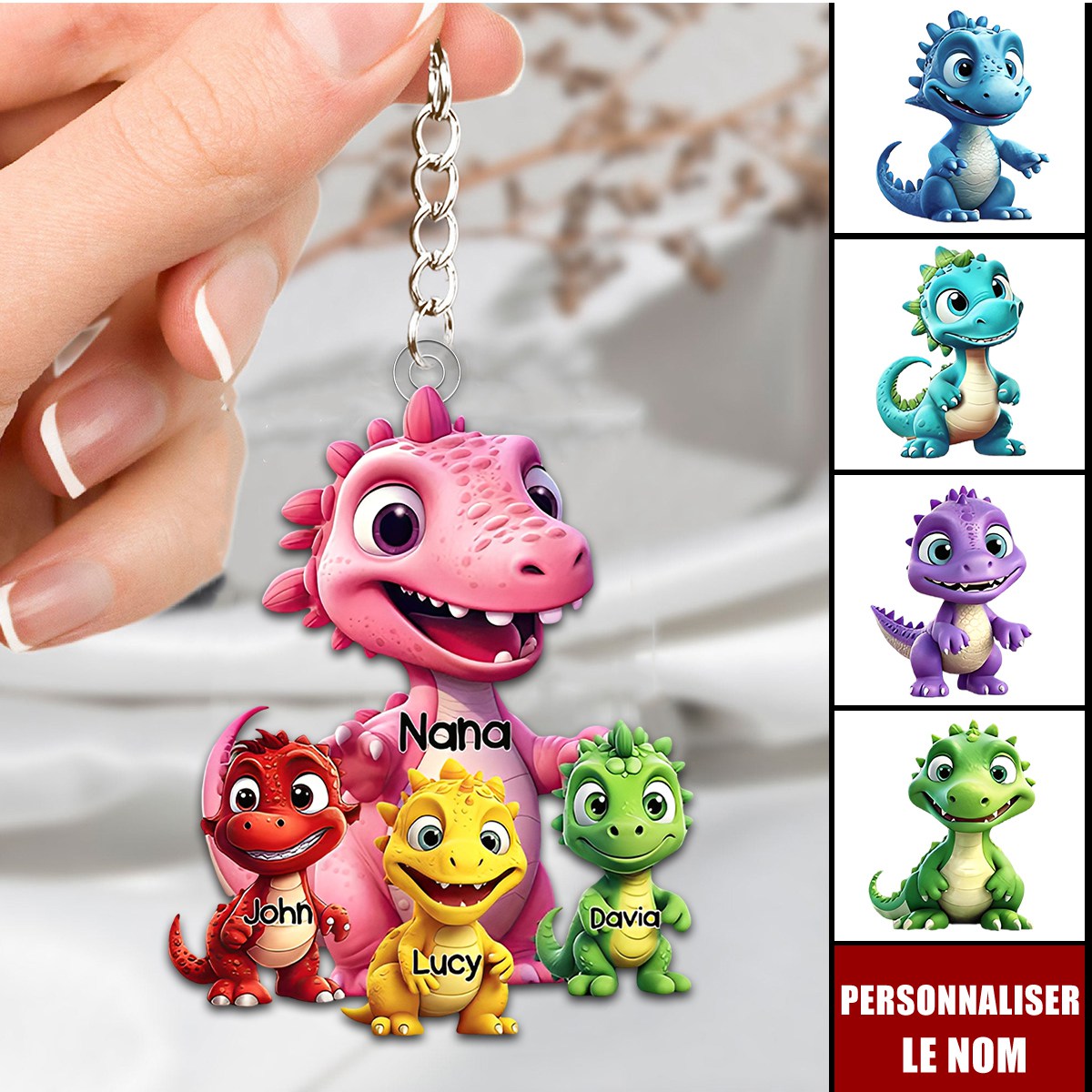 Porte-clés Dinosaures Personnalisé – Cadeau Original pour Mamie ou Maman avec Prénoms des Petits-Enfants