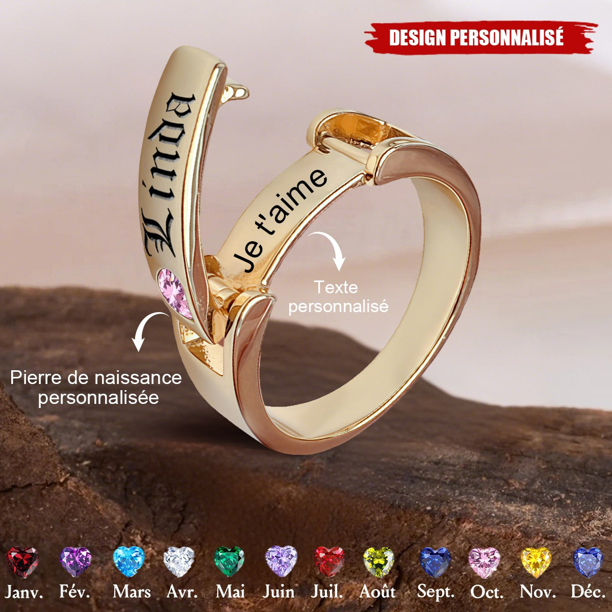 Bague personnalisée avec message caché et pierre de naissance - Cadeau de Saint-Valentin pour couple