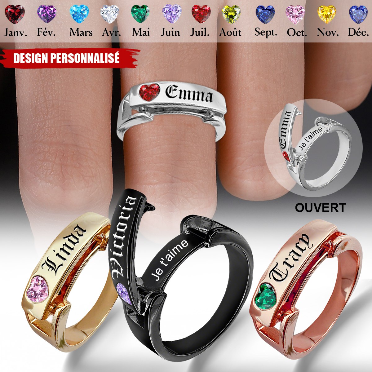 Bague personnalisée avec message caché et pierre de naissance - Cadeau de Saint-Valentin pour couple